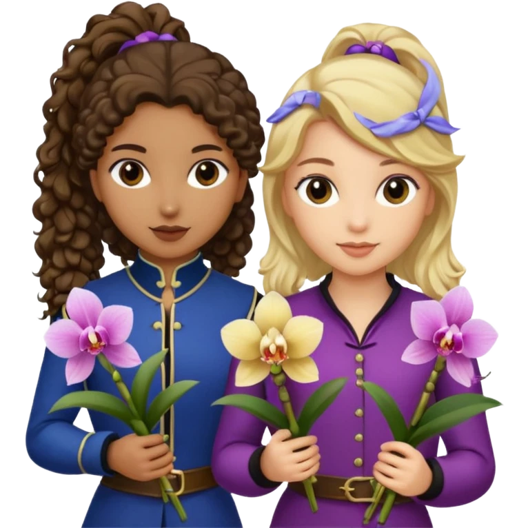 3 female musketeers, one with dark brown curly hair, one with straight blond hair, one with blond hair in pony tail, all holding orchids emoji
