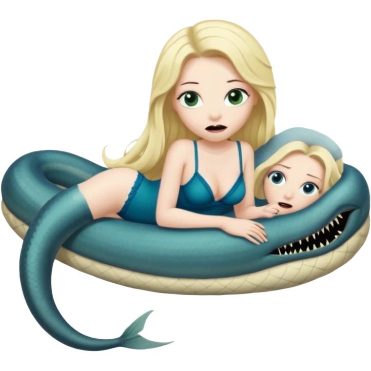 Blonde baddie with very long hair black lashes blue-green eyes Is afraid and lay in a big bed in underwear And in her underwear is an eel that hurts her  emoji
