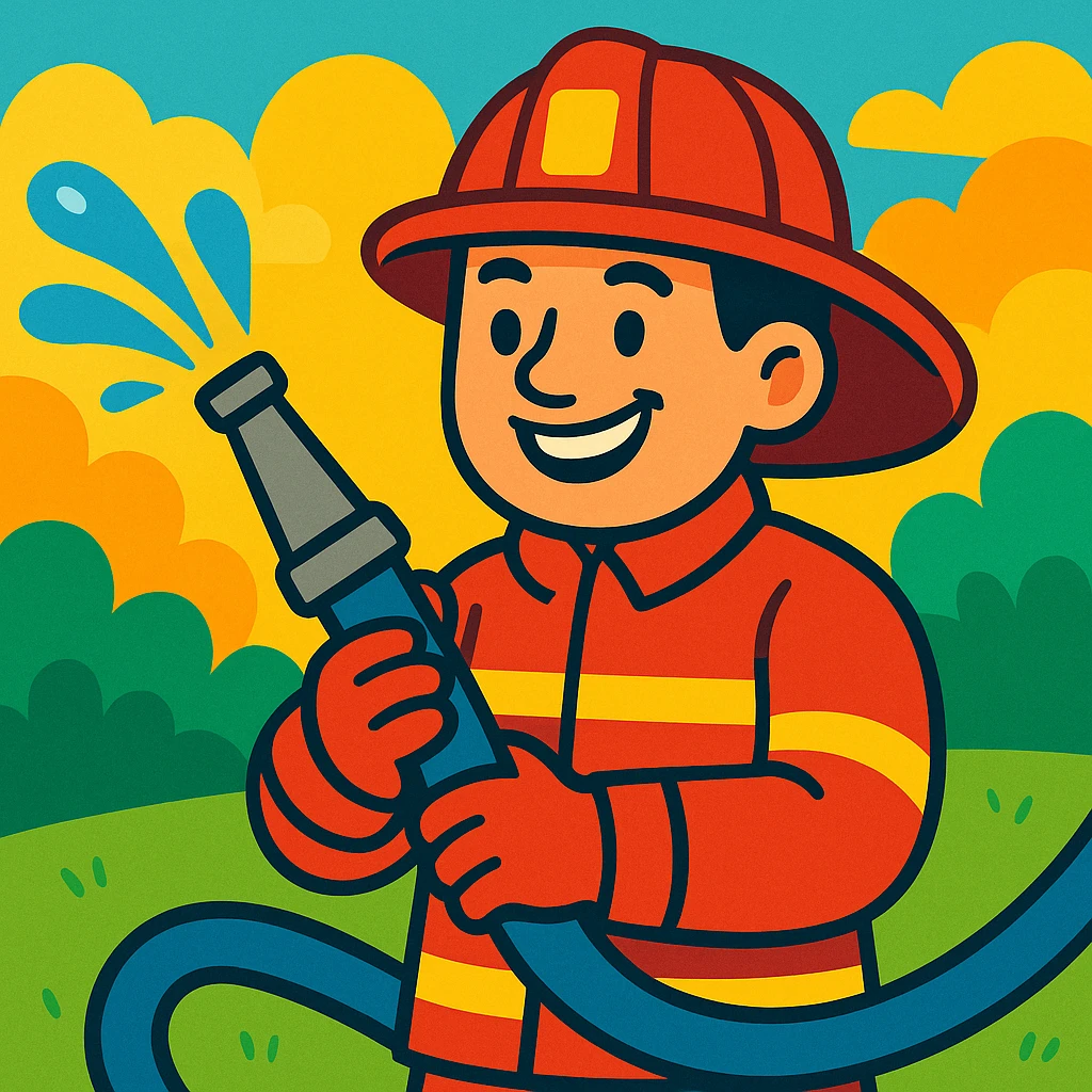 firefighter holding a water hose, cartoon style, bright colors, smiling expression emoji