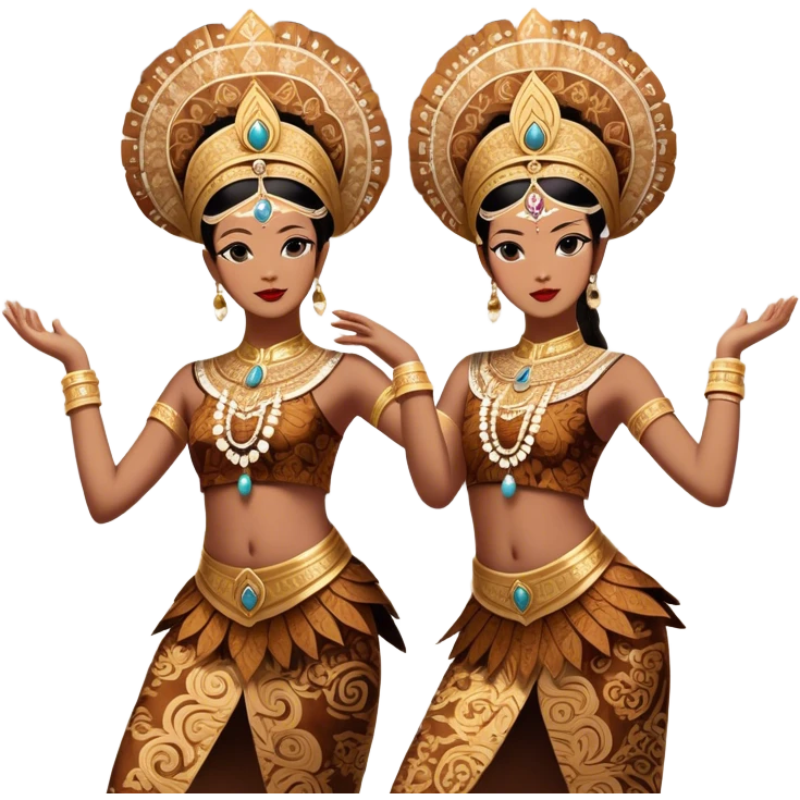 ​Cinematic Realistic Traditional Javanese Dancers, depicted as two graceful dancers in ornate traditional costumes with intricate batik patterns and elaborate headpieces, captured in dynamic poses during a ritual dance in an ancient temple courtyard, rendered with soft golden lighting and rich cultural textures, emoji
