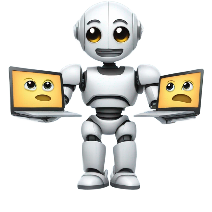 computer screen showing files with cute robot standing by emoji