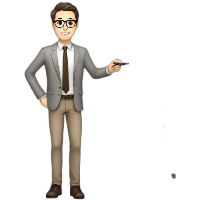 Pale skinned fit man with dark brown hair in gray jacket, beige office shirt, brown tie, brown pants and vintage glasses Writing text on a marker board emoji