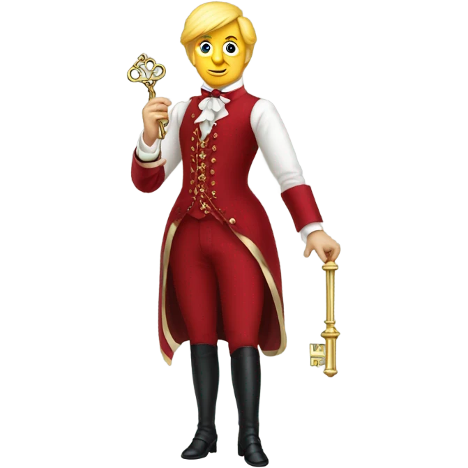 trump Victorian dress elegant red full body, holding big key emoji