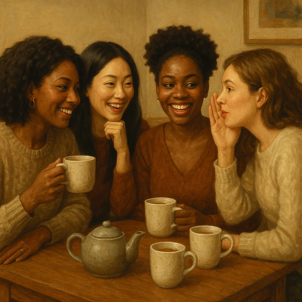 four girlfriends gossiping over tea, one with black hair, two Black girls, one light-skinned girl, cozy and friendly atmosphere emoji