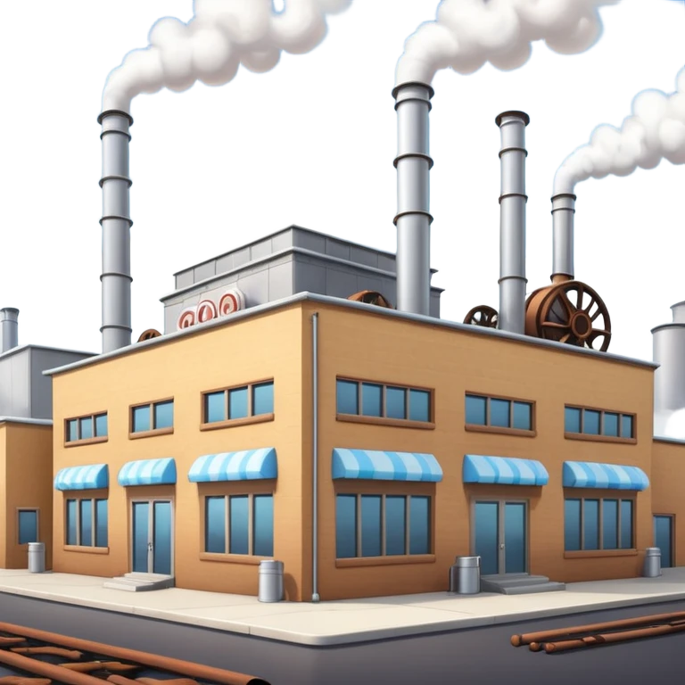 Outside view of an industrial cookie factory, multiple smokestacks, thick metal pipes crisscrossing the facade and roof, large windows hinting at inner machinery, emoji-style emoji