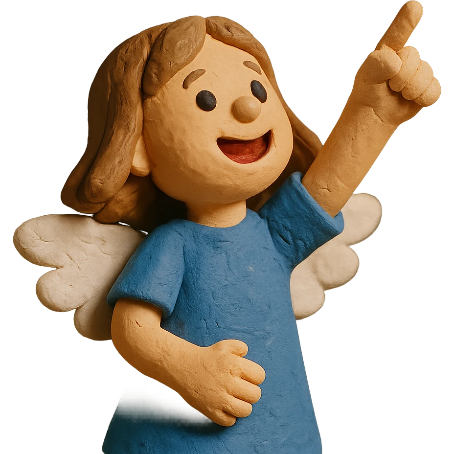girl with light brown shoulder-length hair and white wings joyfully pointing to the sky emoji