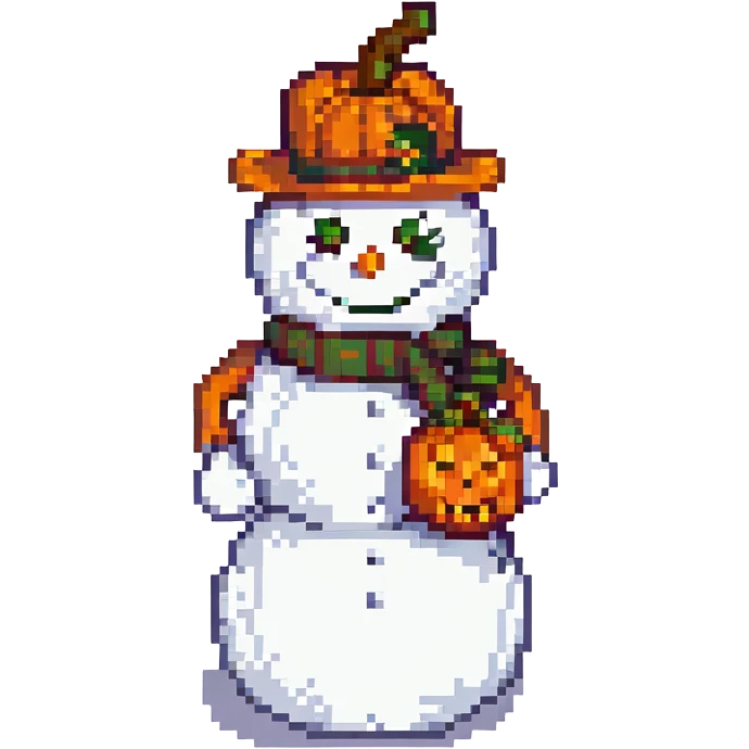 snowman with carved pumpkin head, pixel art style emoji