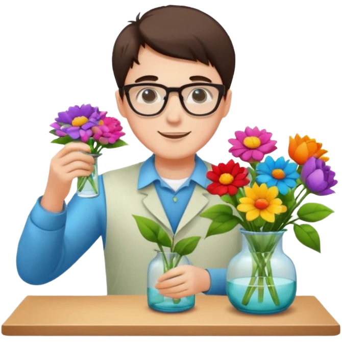 Young male florist – wearing glasses, arranging flowers in a vase. emoji