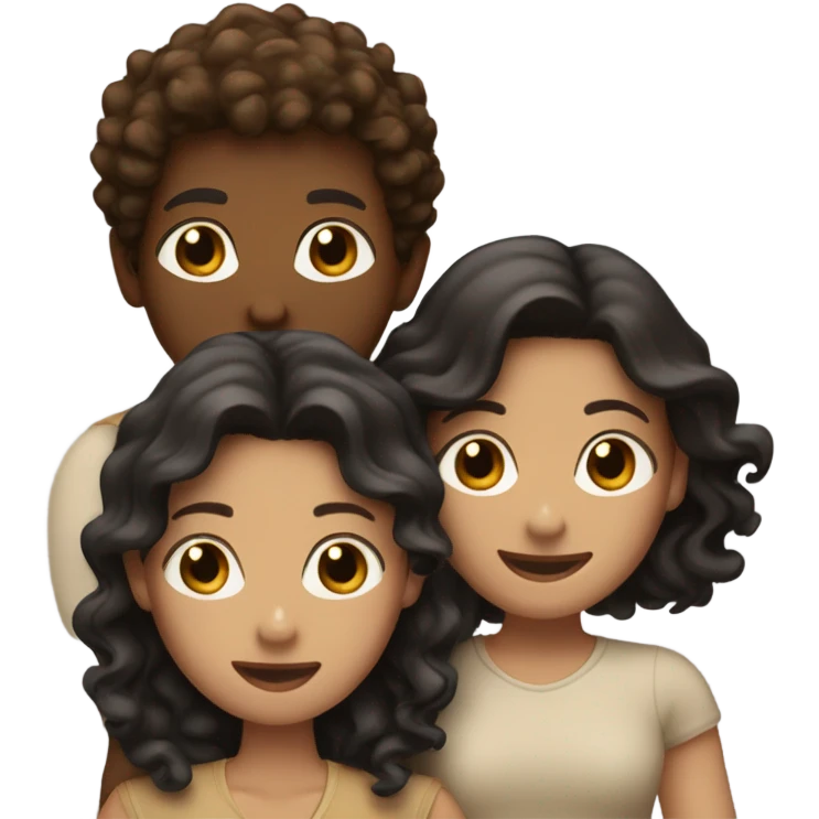 Three friends hugging. One white with dark brown wavy hair, one tan with brown hair, and one brown with curly black hair emoji