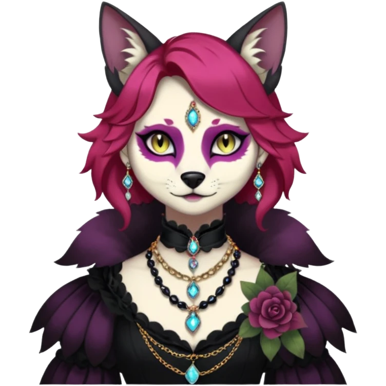Multicolored gloomy dark edgy Victorian spooky hot warm badass realistic floral exotic Falvie-Fionbri-fursona, full body, wearing jewelries emoji