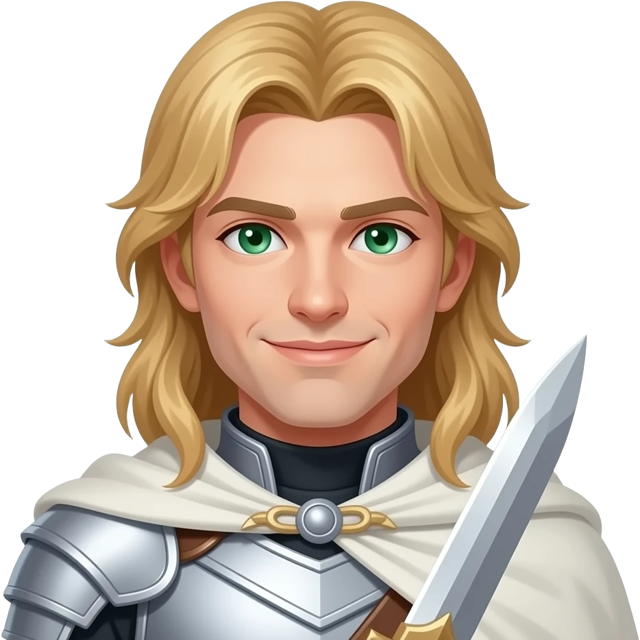 A white man with long hair the colour of beaten gold put in a middle part. He is wearing white armour with a white cape. He is clean shaven and has a smile that cuts like a knife. He also has emerald green eyes. He has a sharp jawline. emoji