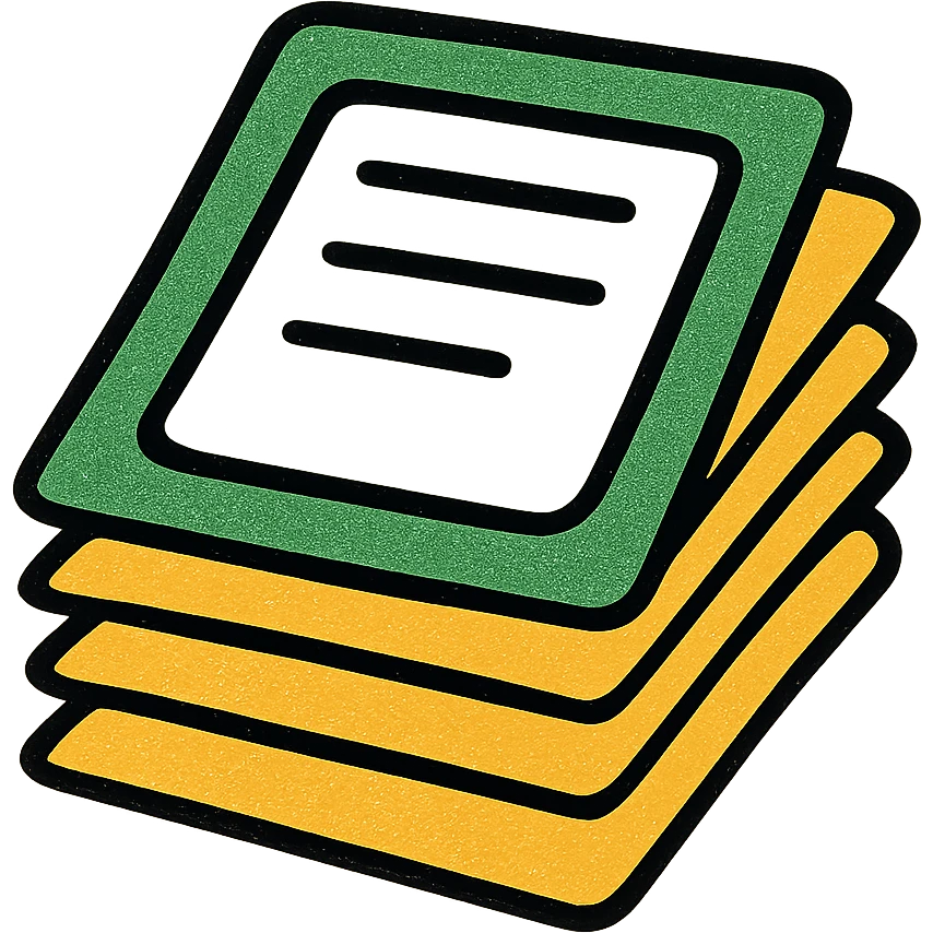 stack of papers or paperwork, modern look, green gold and white color scheme, rounded shapes, simple design emoji