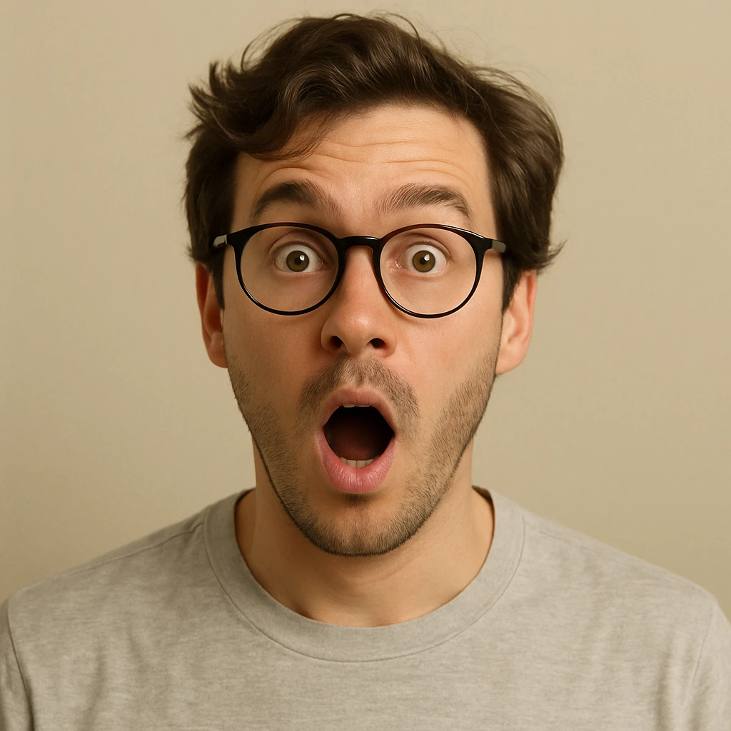 white male with glasses and brown wavy hair, surprised expression, simple background emoji