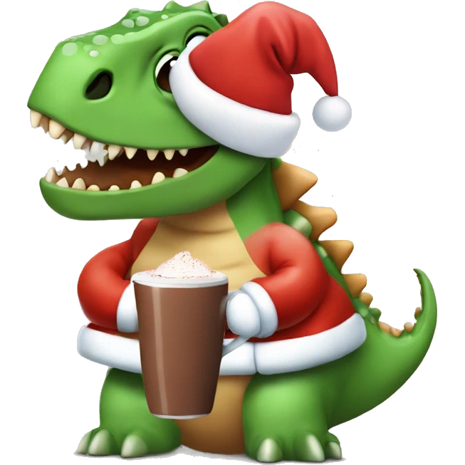 A dinosaur with Santa hat and hot chocolate  emoji