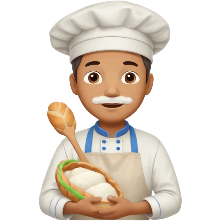Middle aged male pastry chef - apron, white hat, holding a bag of bread emoji