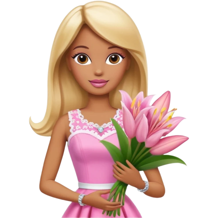Brown skin blonde hair barbie with baby pink lily bouquet  emoji