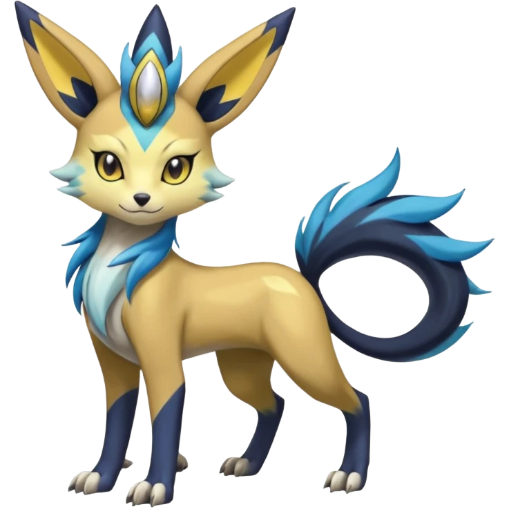 Feral Colorful Painted Asian Graceful Majestic Cool Handsome Meloetta-Renamon-Zeraora-Luxray-Cobalion-Suicune-Vernid-fusion-hybrid-creature, full body  emoji