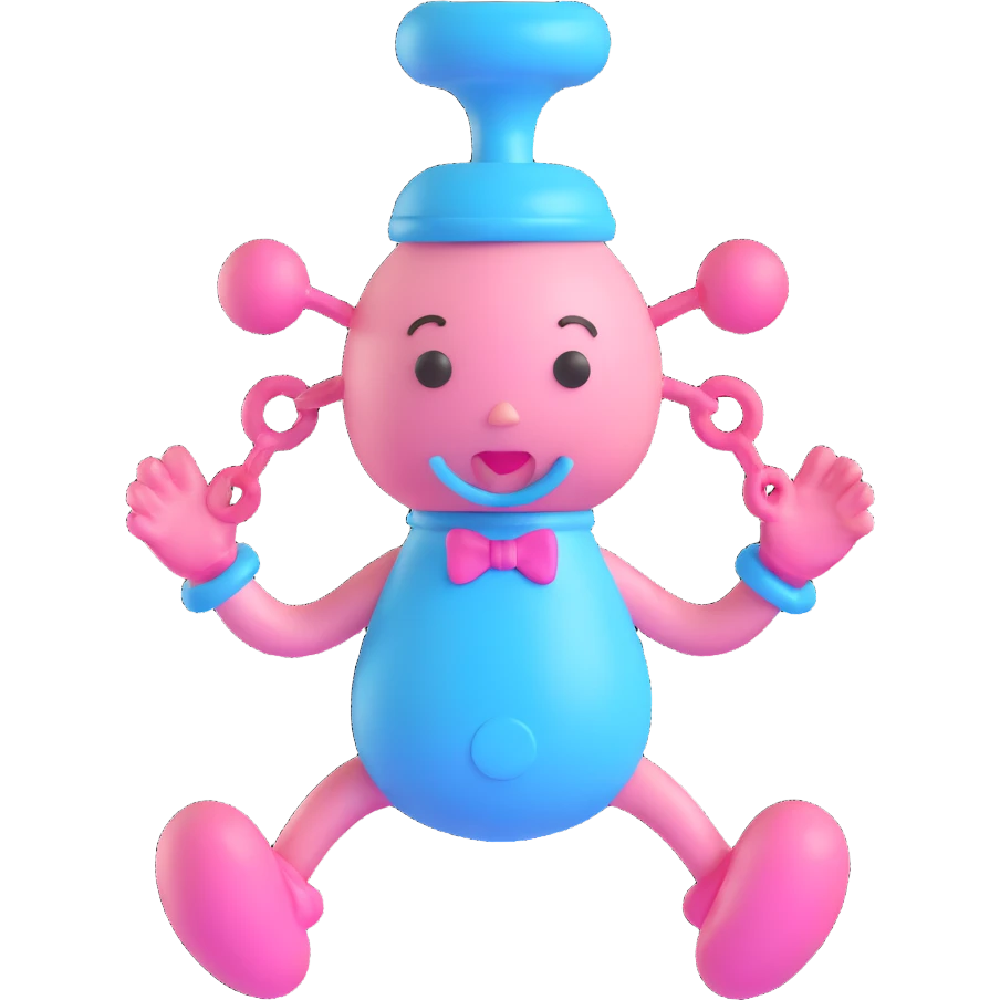 3D pacifier character, baby blue and pink, arms and legs, playful and mischievous emoji
