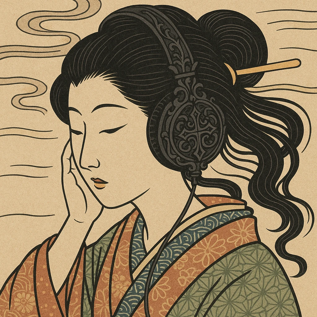 black gothic headphones with traditional Japanese gothic motifs and flowing lines emoji