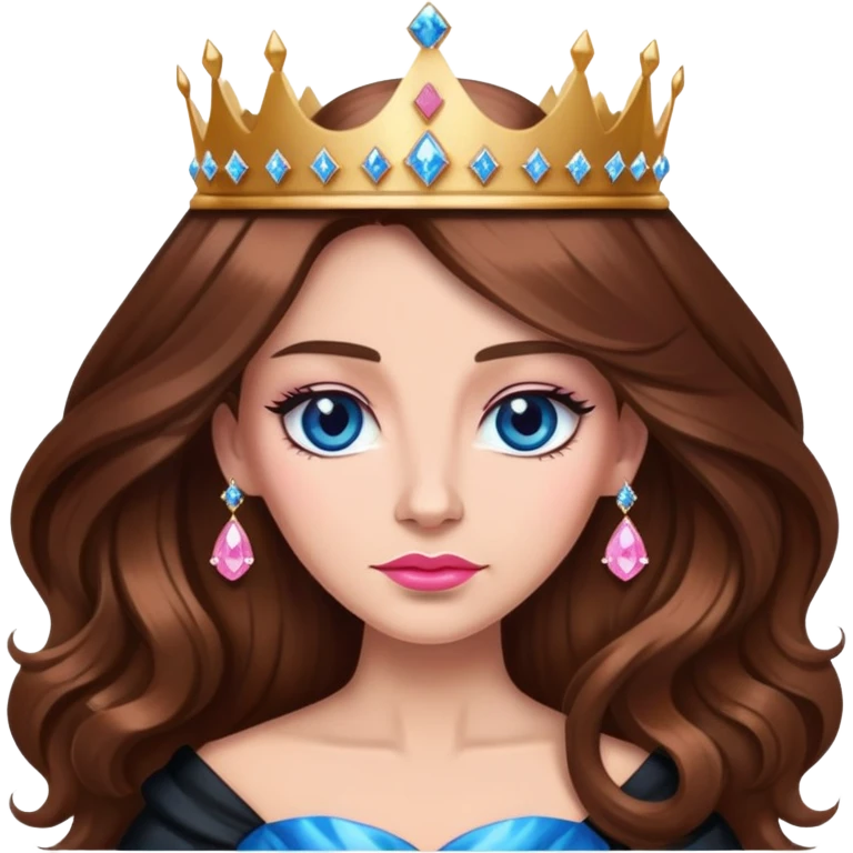 Queen, brown long hair, big crown with pink diamonds, black dress with blue diamonds emoji