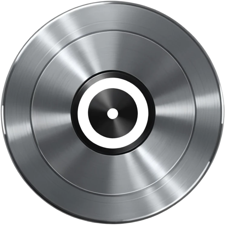 Chrome vinyl record emoji, silver metallic finish, iOS emoji style, reflective surface, minimal design, centered, smooth gradients, clean white background emoji