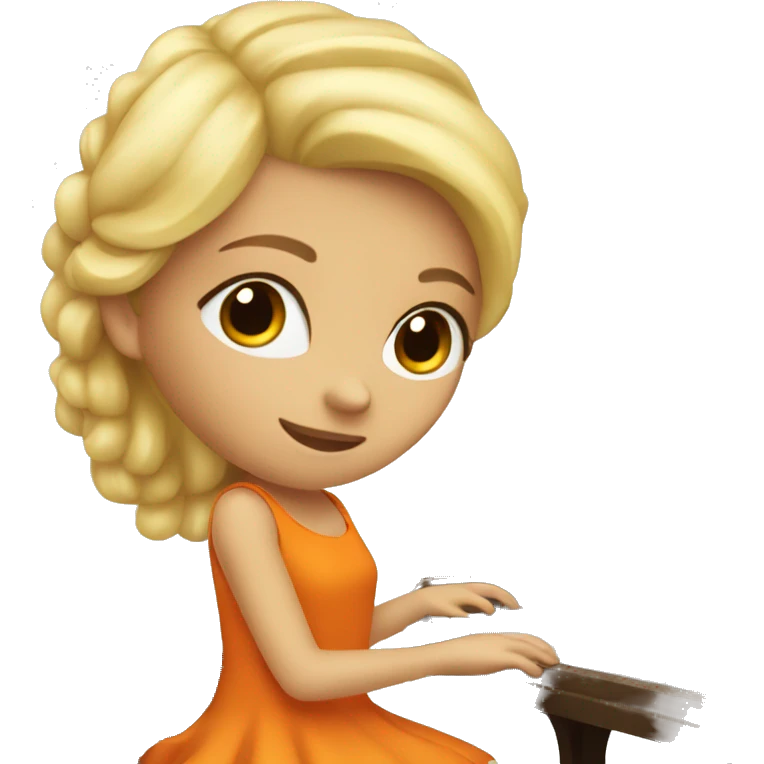 Blonde girl wearing an orange dress playing a brown upright piano emoji