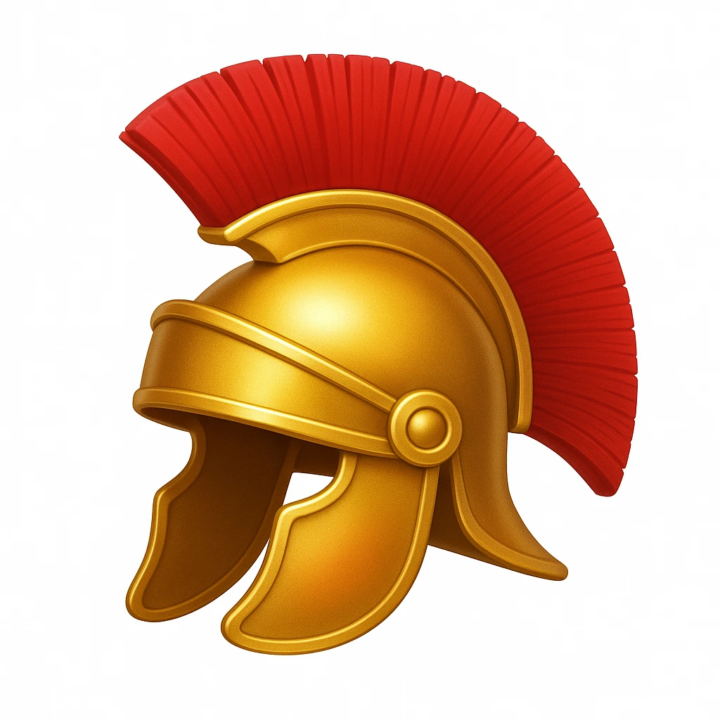 Make a helmet emoji exactly like the helmet in the reference image, in iOS emoji style. Roman helmet, gold with red crest, shiny and smooth. Add a slight blush to the gold. emoji