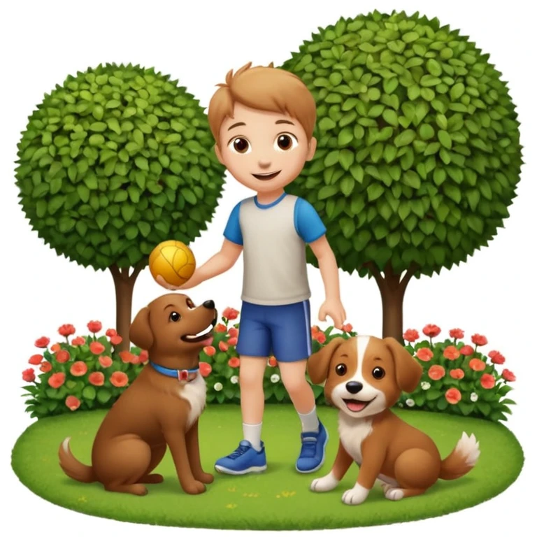 kid and dog playing with ball, garden background emoji