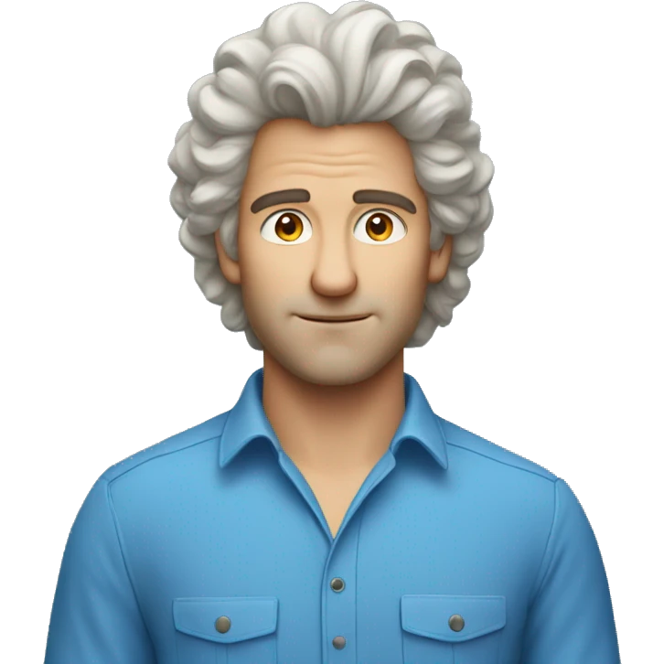caucasian man in blue shirt with big hair emoji