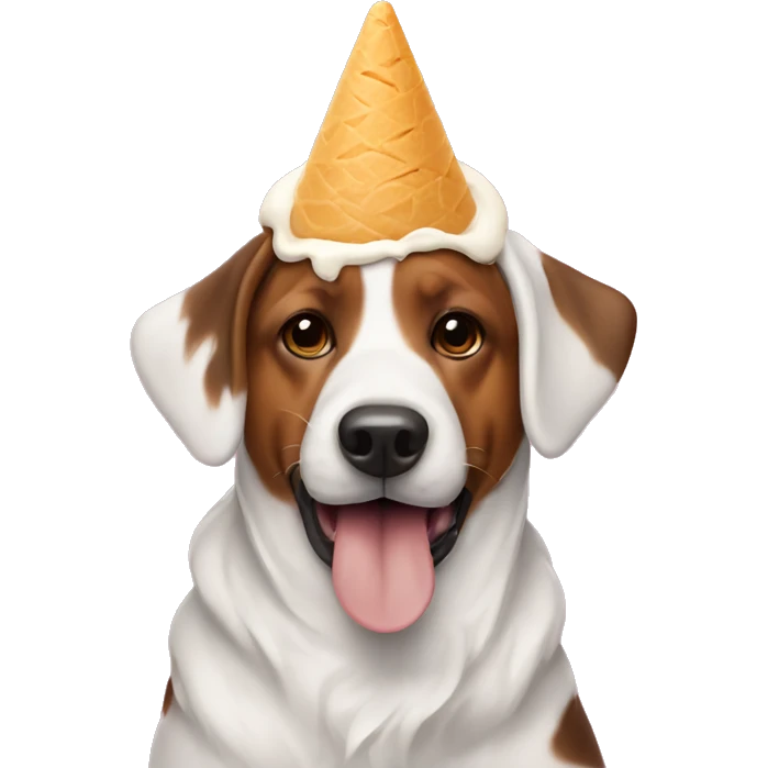 Dog wearing a cone over its head, eating ice cream emoji