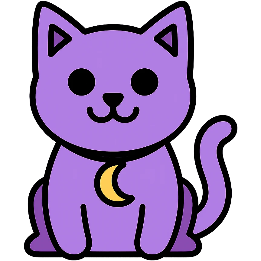 purple cat with large black eyes, wide black smile with no teeth, gold moon pendant on its neck, modern icon style emoji