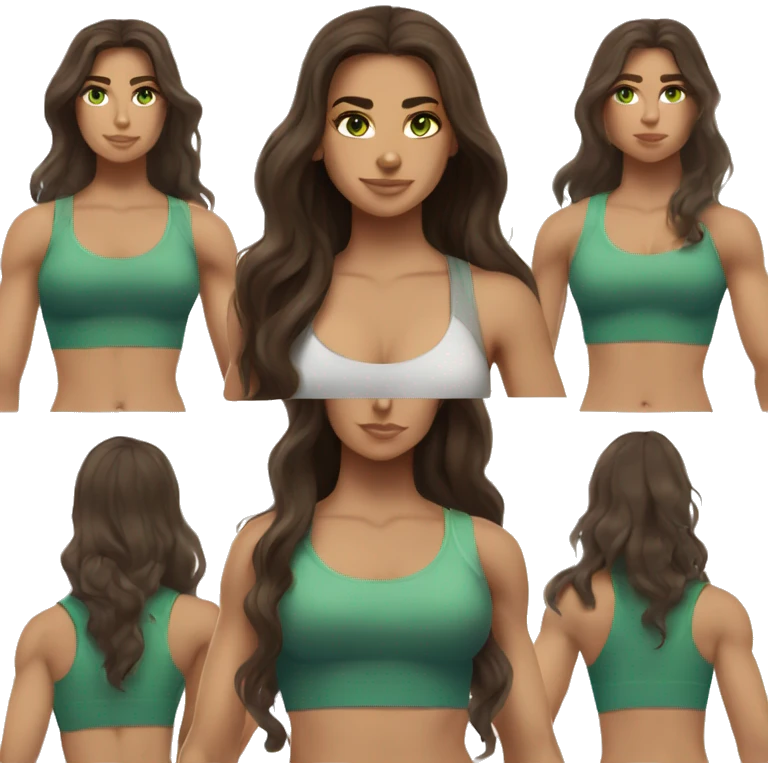 Aphrodite, Long haired, Brunette woman with green eyes and gymshark workout clothes emoji
