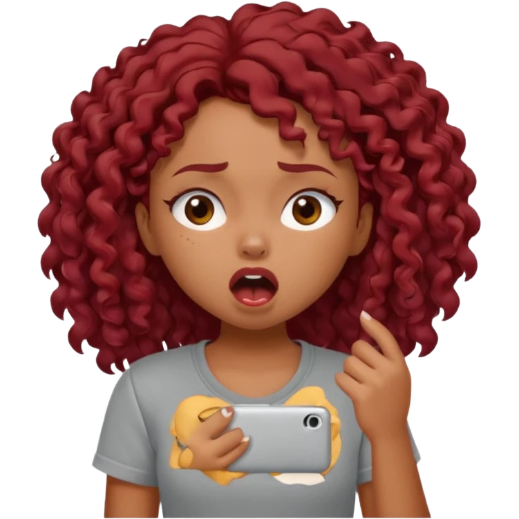 generate a pretty bratz brown skinned girl curly dark red hair, yawning in a grey tshirt bored. emoji