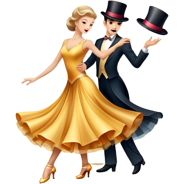 Humanless Icon for Ballroom Dancing: a pair of elegant dance shoes, a flowing dress, a top hat, and a dance floor spotlight. The icon should represent the elegance and atmosphere of ballroom dance, focusing on the iconic dance elements. Transparent background. emoji