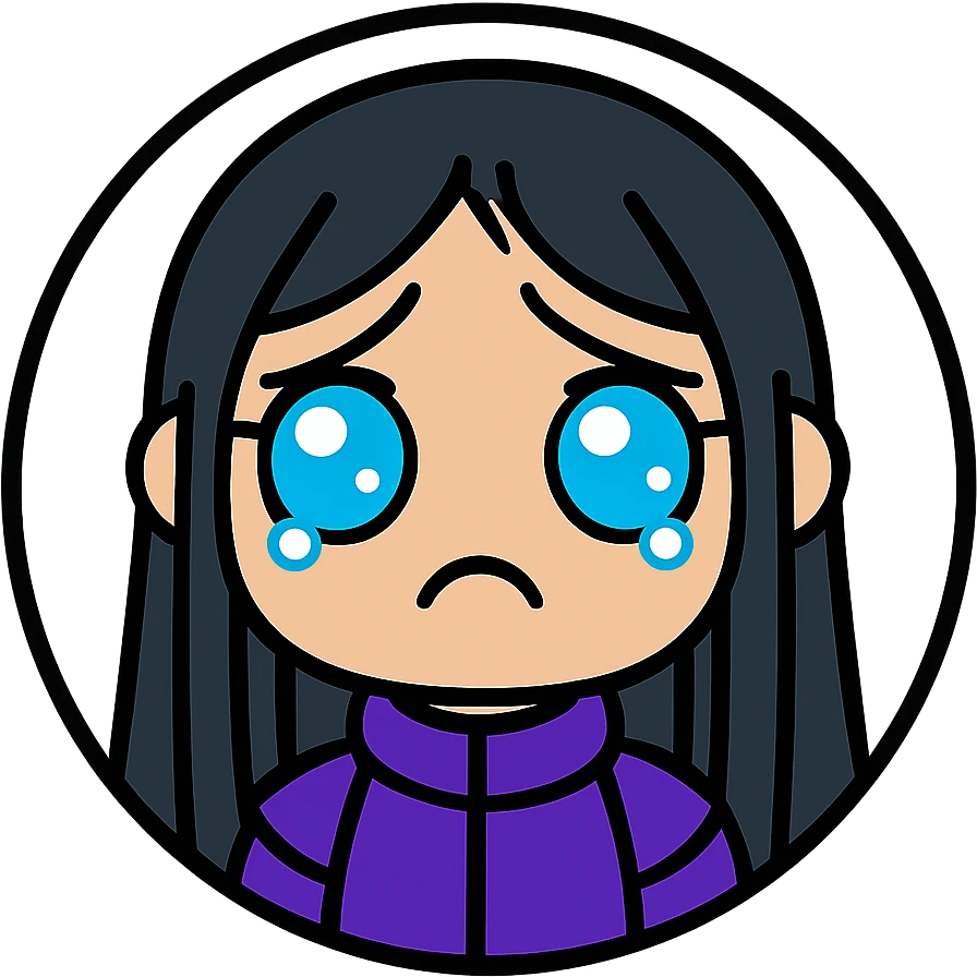 chibi cyberpunk girl with long straight black hair, large glowing neon-blue anime eyes, light peach skin, round face, small nose, soft cheeks, thin black line art, sad expression with teary wide open eyes, eyebrows arched upward, downturned frown, shimmer in eyes, inside a thin black circle, pure white background emoji