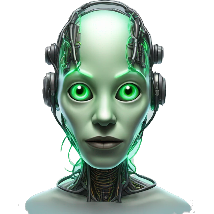 Round Alien cyborg head with glowing wires and green eyes  emoji