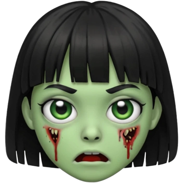 scary zombie emoji, green skin, medium black hair with bangs, wide eyes emoji