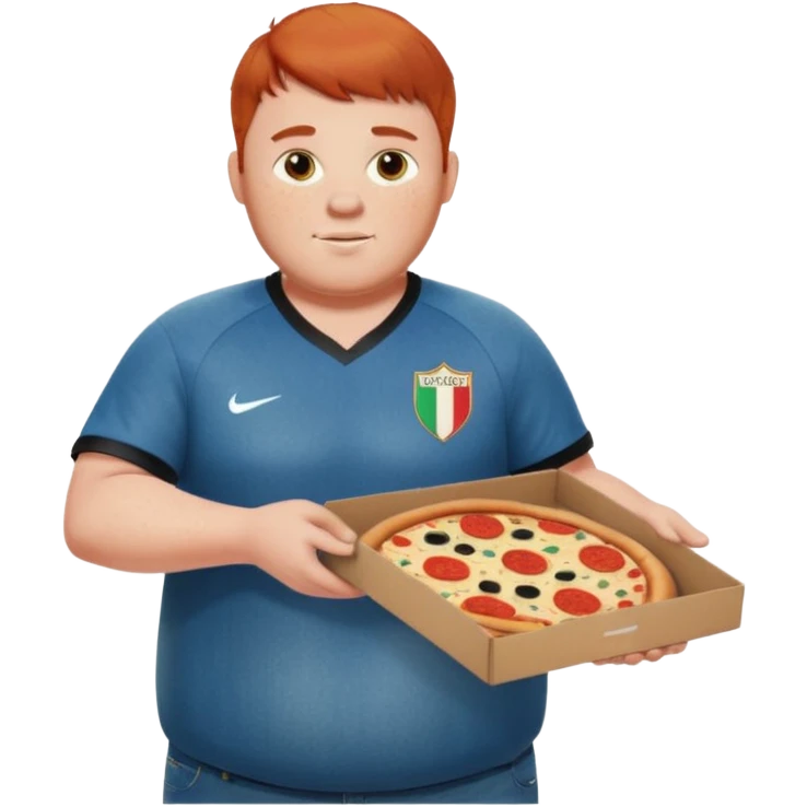 chubby redheaded man with faded haircut, styled bangs, light freckles, black baggy jeans, Italian 2024 home soccer jersey, holding a pizza box emoji
