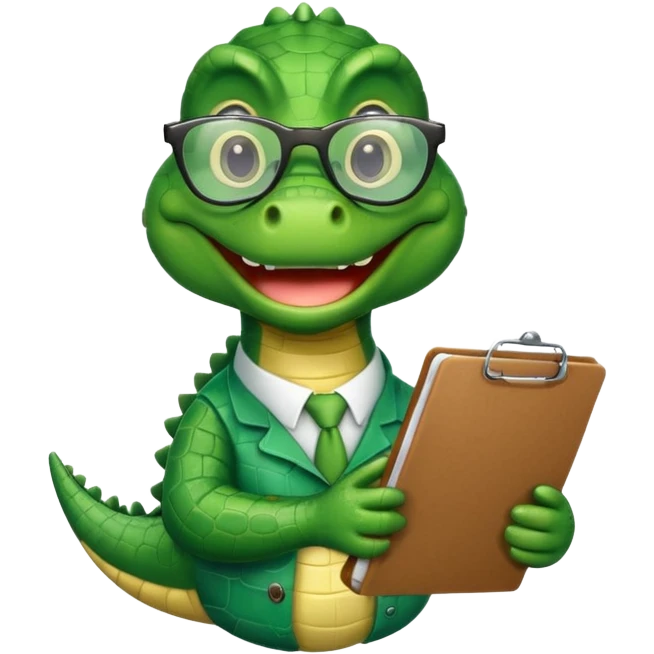 A cartoon alligator with a clipboard and glasses emoji