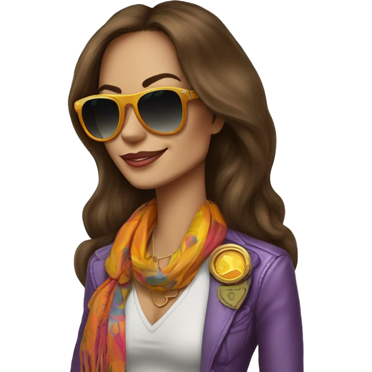 70's rockstar woman with bell-bottoms, long brown hair, a t-shirt tucked into the bell bottom jeans and a belt. She is wearing aviators and a 70's rockstar colorful scarf and colorful blazer  emoji