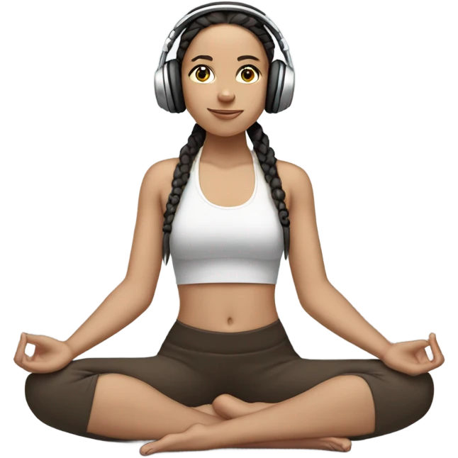 pale girl with dark brown braids doing sitting yoga pose with headphones on listening to musik  emoji
