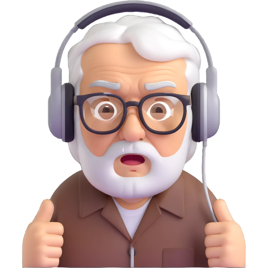 Brown old man with medium white hair, wearing glasses and headphones, looking surprised and angry, no facial hair, chubby, looking to the upper left corner emoji