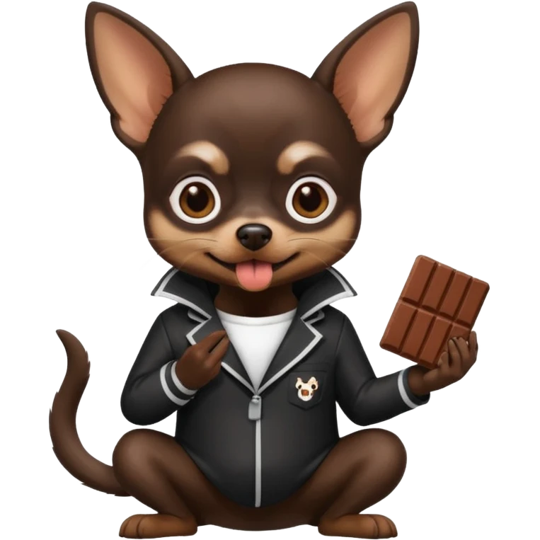 black chihuahua with white and black prison suit with chocolate in its mouth emoji