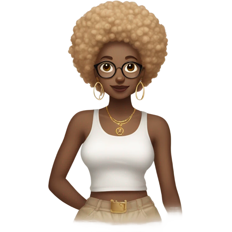 Natural Afro,modest long cami skirt,and graphic t shirt,clear glass ,white nails,golden rings  emoji
