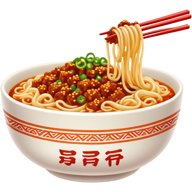 Chengdu Dan Dan Noodles with spicy sauce and minced meat, simplified emoji style with bold outlines and bright colors, cartoon style Sichuan street food in bowl emoji