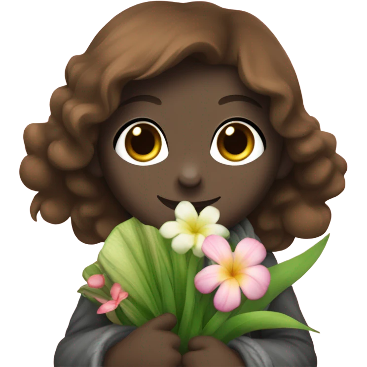 Brown-haired green-eyed girl in scarf holding a coquina bouquet next to a gorilla emoji
