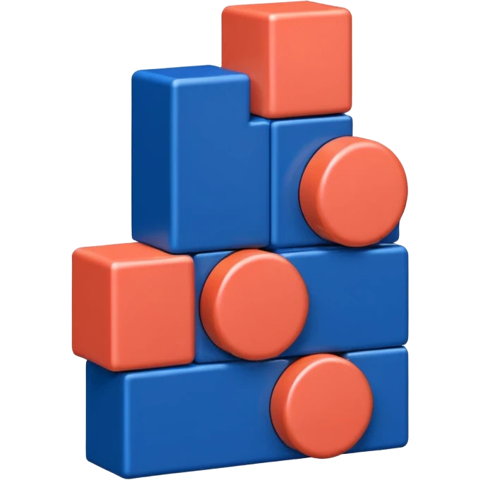 Modern minimal emoji: building blocks + connection flows + gear. Deep blue and coral colors. Professional no-code expert signature. Geometric clean style. emoji