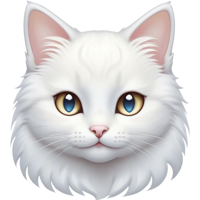 Cinematic Cute White Cat Portrait Emoji, Head tilted with a soft, gentle smile and sparkling eyes, featuring a silky, pristine white fur with subtle silver highlights, simplified yet irresistibly adorable, highly detailed, glowing with a warm, snowy glow, high shine, radiating affectionate charm and tender grace, styled with a light, playful outline, capturing the essence of a cute white cat that looks as if it could melt your heart with a single blink! emoji