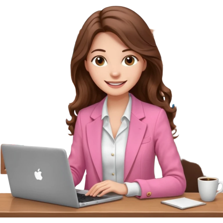 smiling woman with long wavy brown hair, pink blazer, white top, holding coffee and working on laptop — cozy home office background emoji