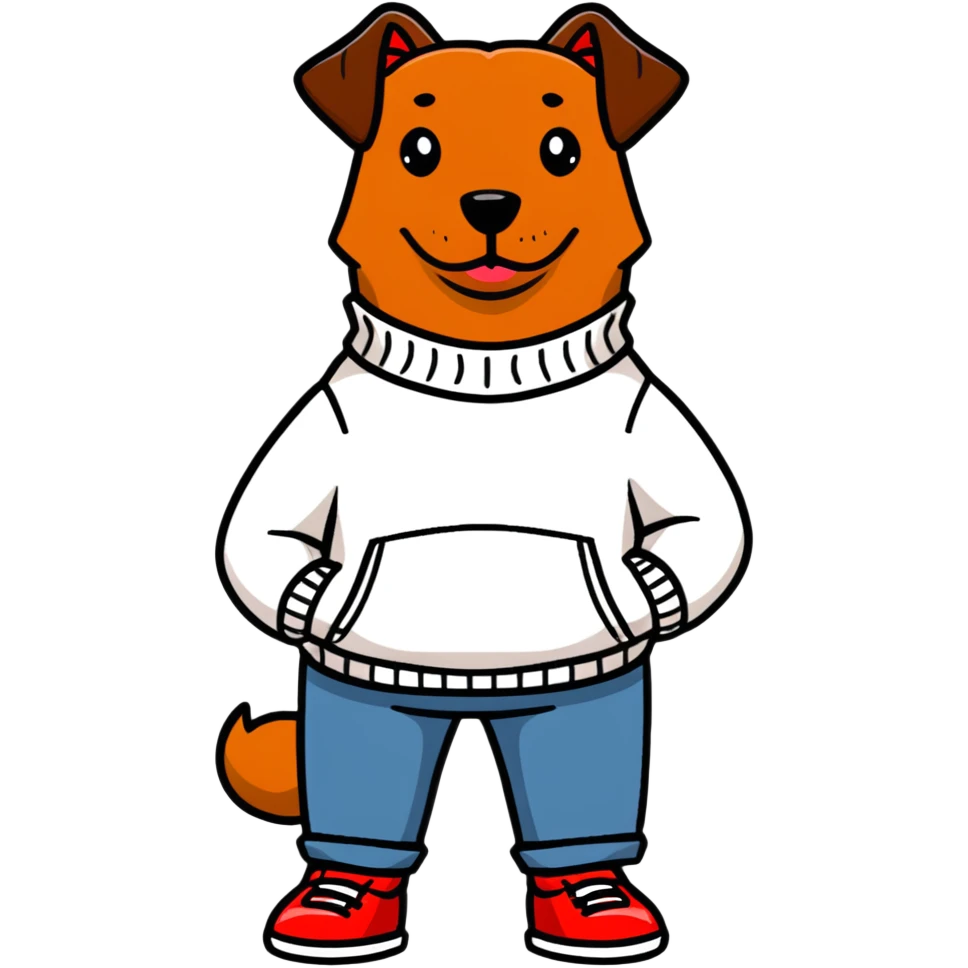 Brown dog standing upright with hands in jean pockets, wearing a white sweater and red shoes emoji